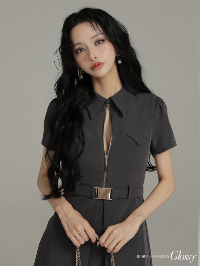 Glossy ローブドフルールグロッシー 【XS～Lサイズあり】シャツカラーウエストベルトフレアミニキャバドレス gl4617-c