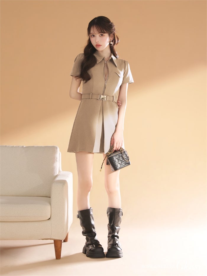 Glossy ローブドフルールグロッシー 【XS～Lサイズあり】シャツカラーウエストベルトフレアミニキャバドレス gl4617-c