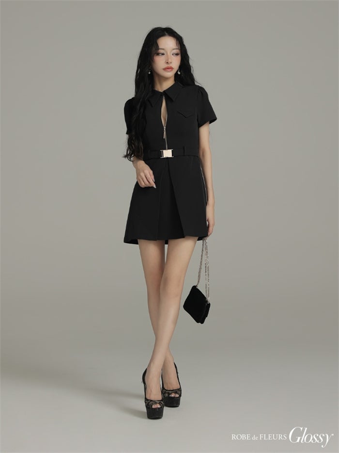 Glossy ローブドフルールグロッシー 【XS～Lサイズあり】シャツカラーウエストベルトフレアミニキャバドレス gl4617-c