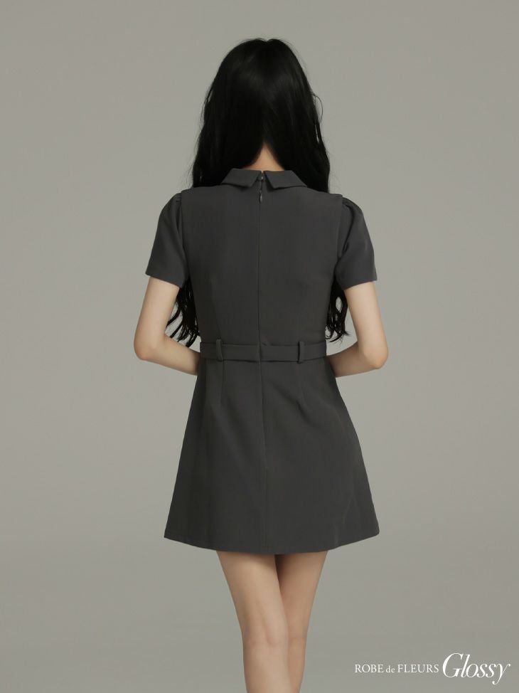 Glossy ローブドフルールグロッシー 【XS～Lサイズあり】シャツカラーウエストベルトフレアミニキャバドレス gl4617-c