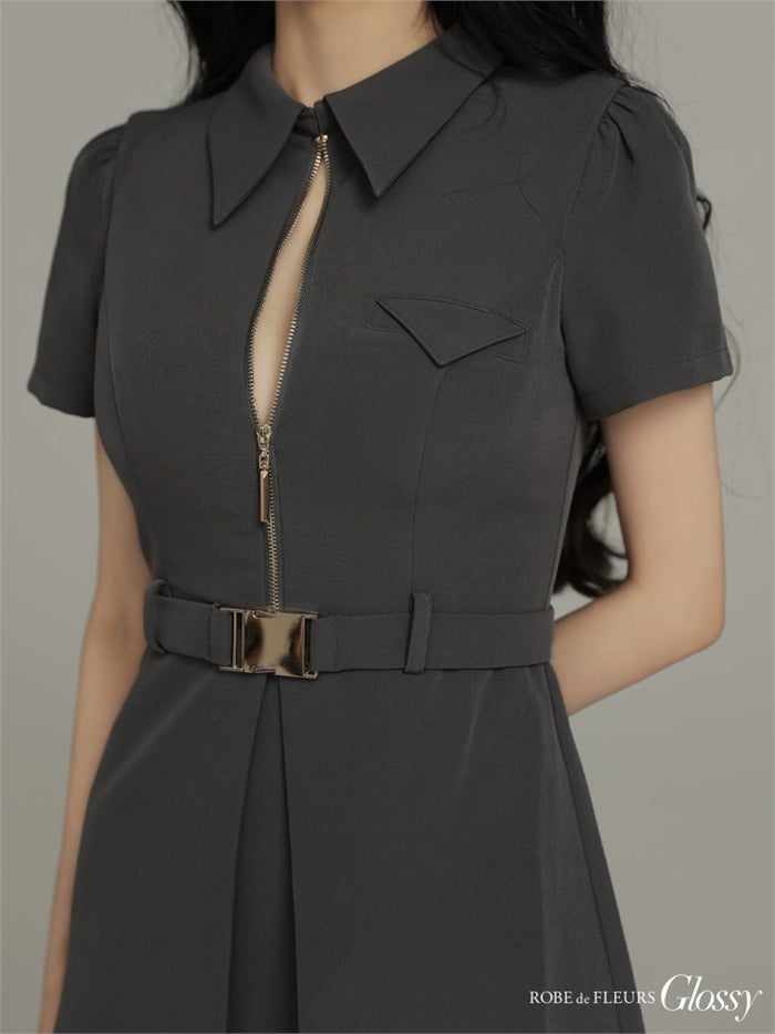 Glossy ローブドフルールグロッシー 【XS～Lサイズあり】シャツカラーウエストベルトフレアミニキャバドレス gl4617-c