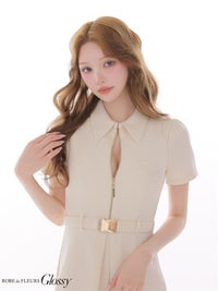 Glossy ローブドフルールグロッシー 【XS～Lサイズあり】シャツカラーウエストベルトフレアミニキャバドレス gl4617-c