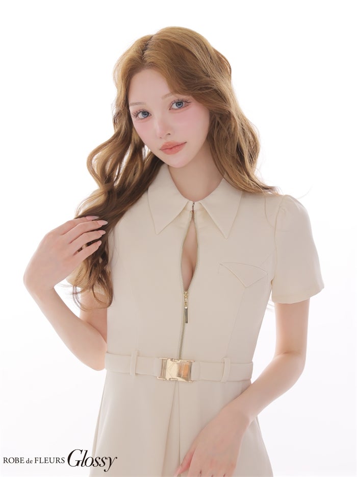 Glossy ローブドフルールグロッシー 【XS～Lサイズあり】シャツカラーウエストベルトフレアミニキャバドレス gl4617-c