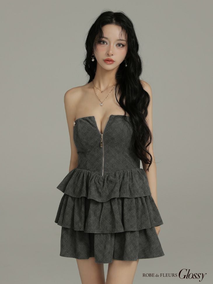 Glossy ローブドフルールグロッシー 【XSサイズあり】2wayフーディーバストジップティアードフレアミニキャバドレス gl4621-c