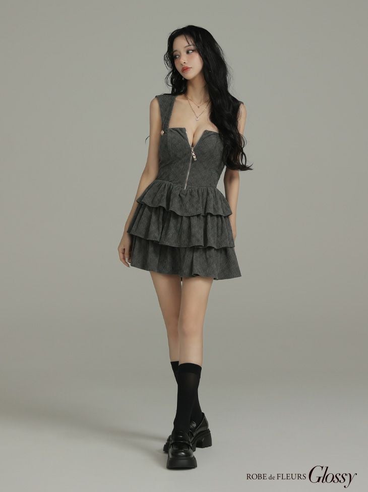 Glossy ローブドフルールグロッシー 【XSサイズあり】2wayフーディーバストジップティアードフレアミニキャバドレス gl4621-c