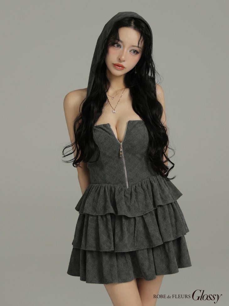 Glossy ローブドフルールグロッシー 【XSサイズあり】2wayフーディーバストジップティアードフレアミニキャバドレス gl4621-c