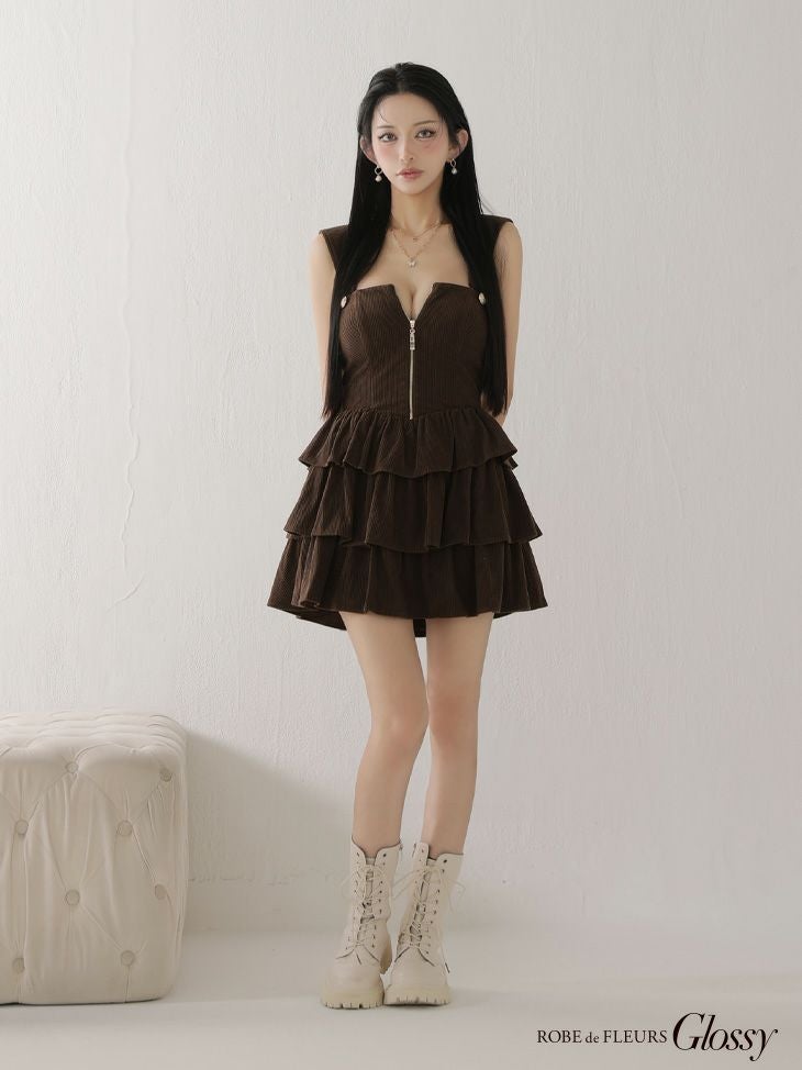Glossy ローブドフルールグロッシー 【XSサイズあり】2wayフーディーバストジップティアードフレアミニキャバドレス gl4621-c