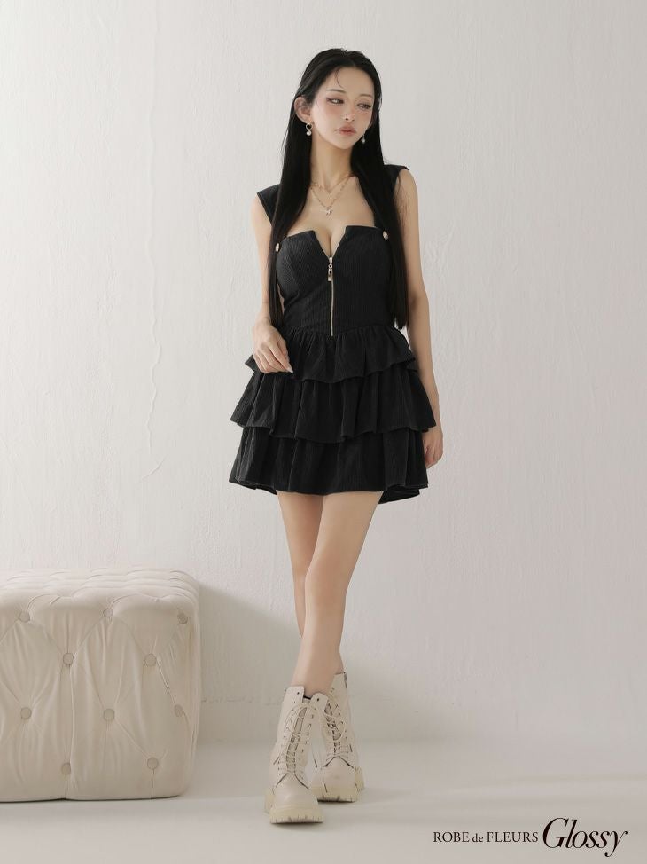 Glossy ローブドフルールグロッシー 【XSサイズあり】2wayフーディーバストジップティアードフレアミニキャバドレス gl4621-c