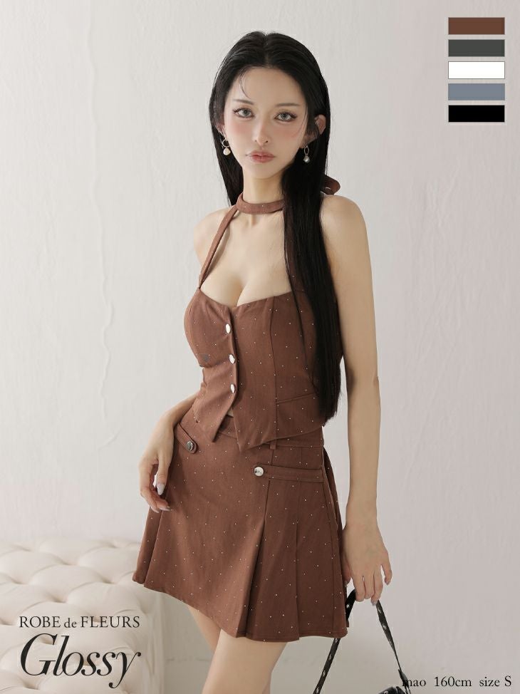 Glossy ローブドフルールグロッシー 【XSサイズあり】ストーン付きホルターシルバーボタンセットアップフレアミニキャバドレス gl4117-c