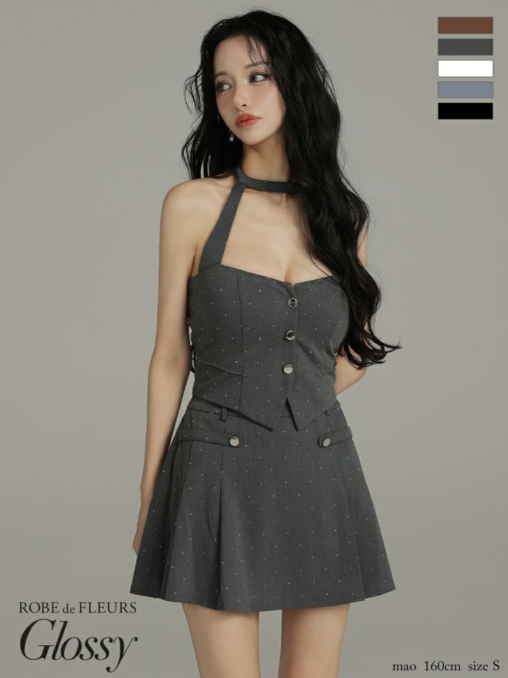 Glossy ローブドフルールグロッシー 【XSサイズあり】ストーン付きホルターシルバーボタンセットアップフレアミニキャバドレス gl4117-c