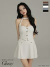 Glossy ローブドフルールグロッシー 【XSサイズあり】ストーン付きホルターシルバーボタンセットアップフレアミニキャバドレス gl4117-c
