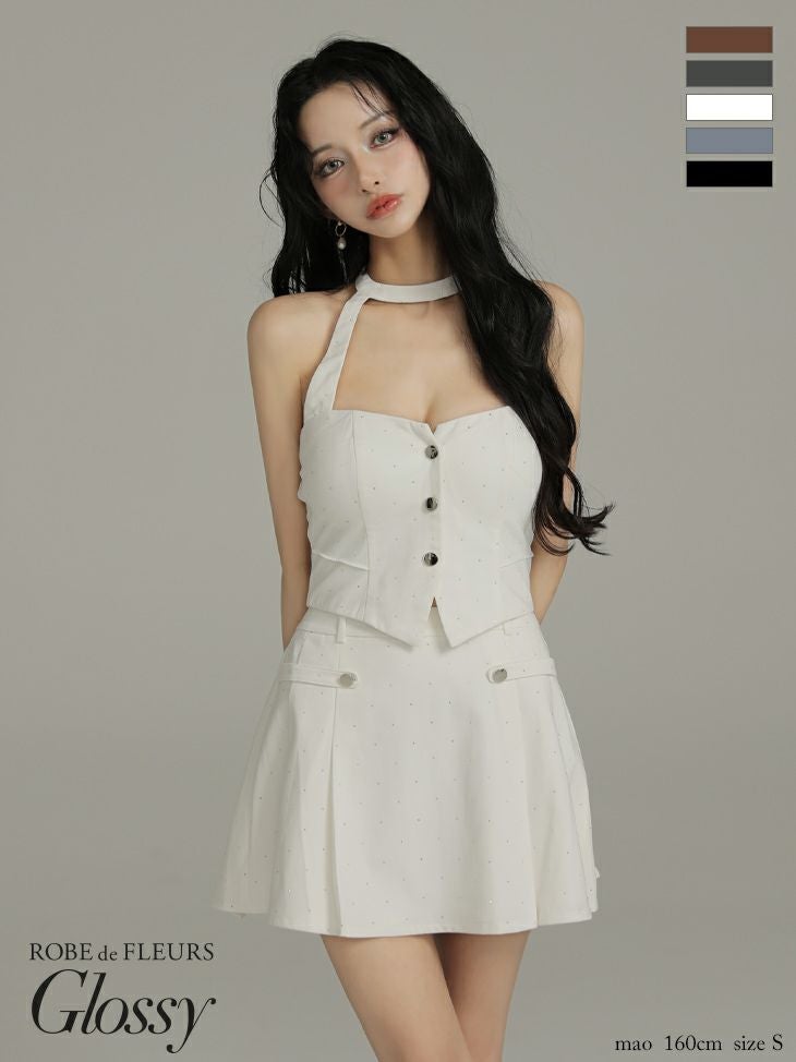 Glossy ローブドフルールグロッシー 【XSサイズあり】ストーン付きホルターシルバーボタンセットアップフレアミニキャバドレス gl4117-c