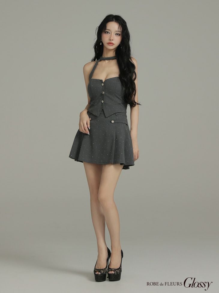 Glossy ローブドフルールグロッシー 【XSサイズあり】ストーン付きホルターシルバーボタンセットアップフレアミニキャバドレス gl4117-c