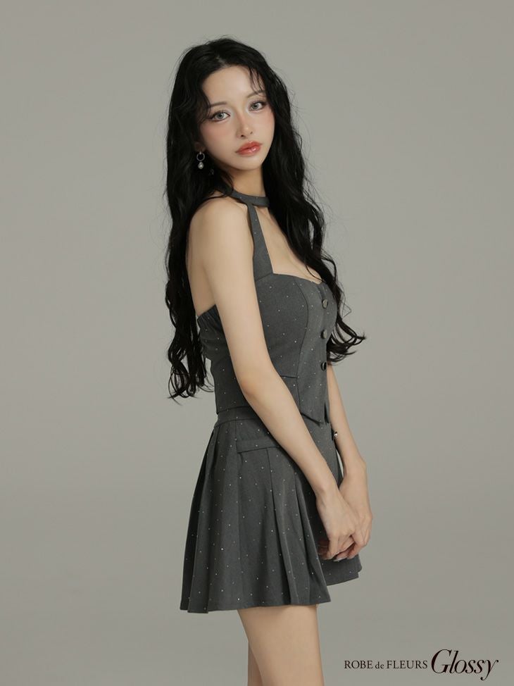 Glossy ローブドフルールグロッシー 【XSサイズあり】ストーン付きホルターシルバーボタンセットアップフレアミニキャバドレス gl4117-c