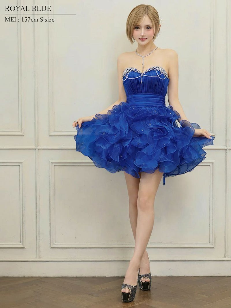 AngelR エンジェルアール ベアトップハートカットビジューパールチェーンフリルウエストマークフワAラインミニドレス ar25340