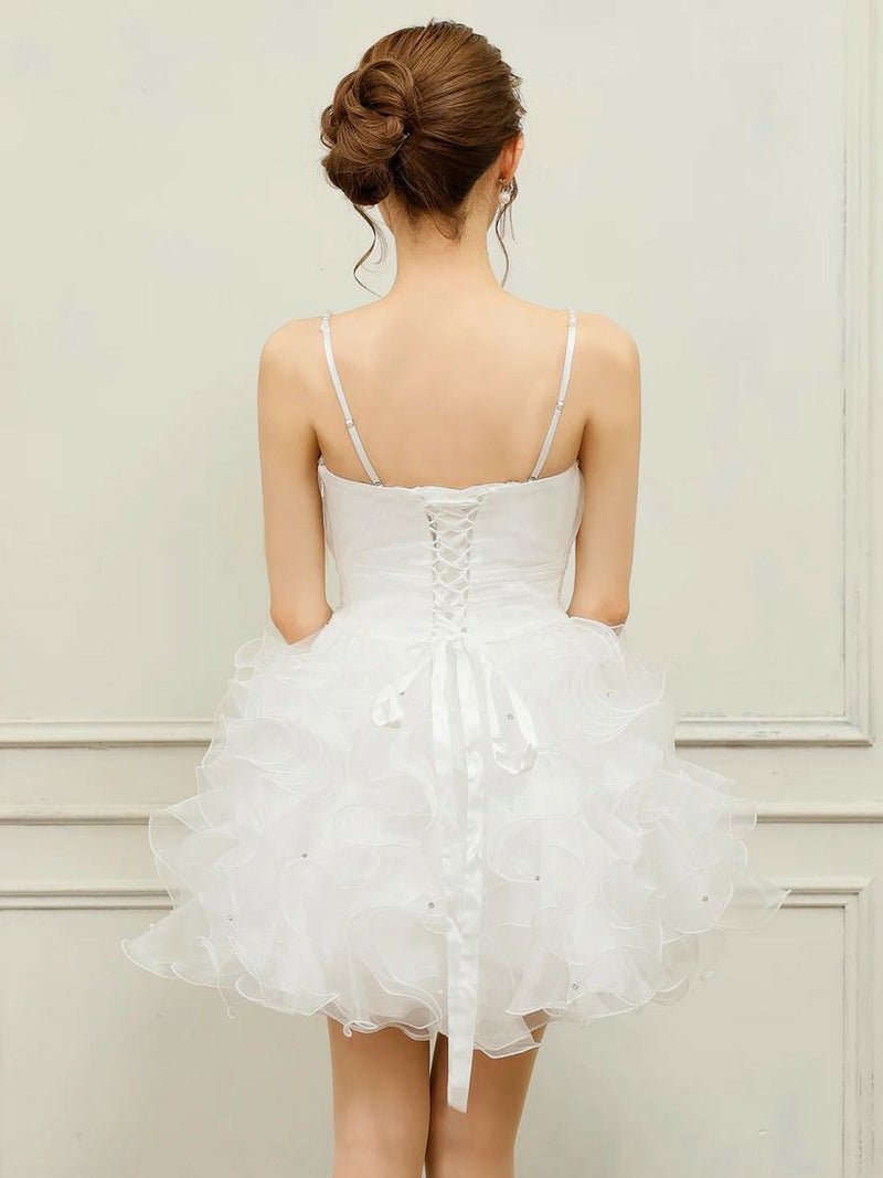 AngelR エンジェルアール ベアトップハートカットビジューパールチェーンフリルウエストマークフワAラインミニドレス ar25340