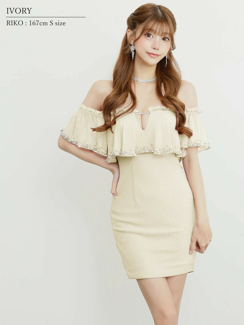 AngelR エンジェルアール オフショルダーシフォンビジューVカットラメタイトミニドレス ar25344