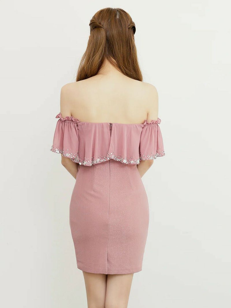 AngelR エンジェルアール オフショルダーシフォンビジューVカットラメタイトミニドレス ar25344