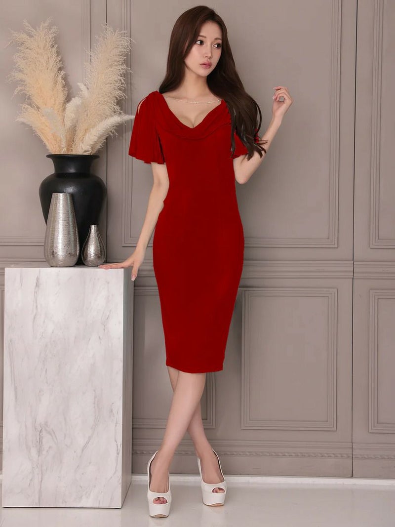 Veautt ヴュート バストドレープスリットフレアスリーブパールチャームタイトミディアムドレス vt022519