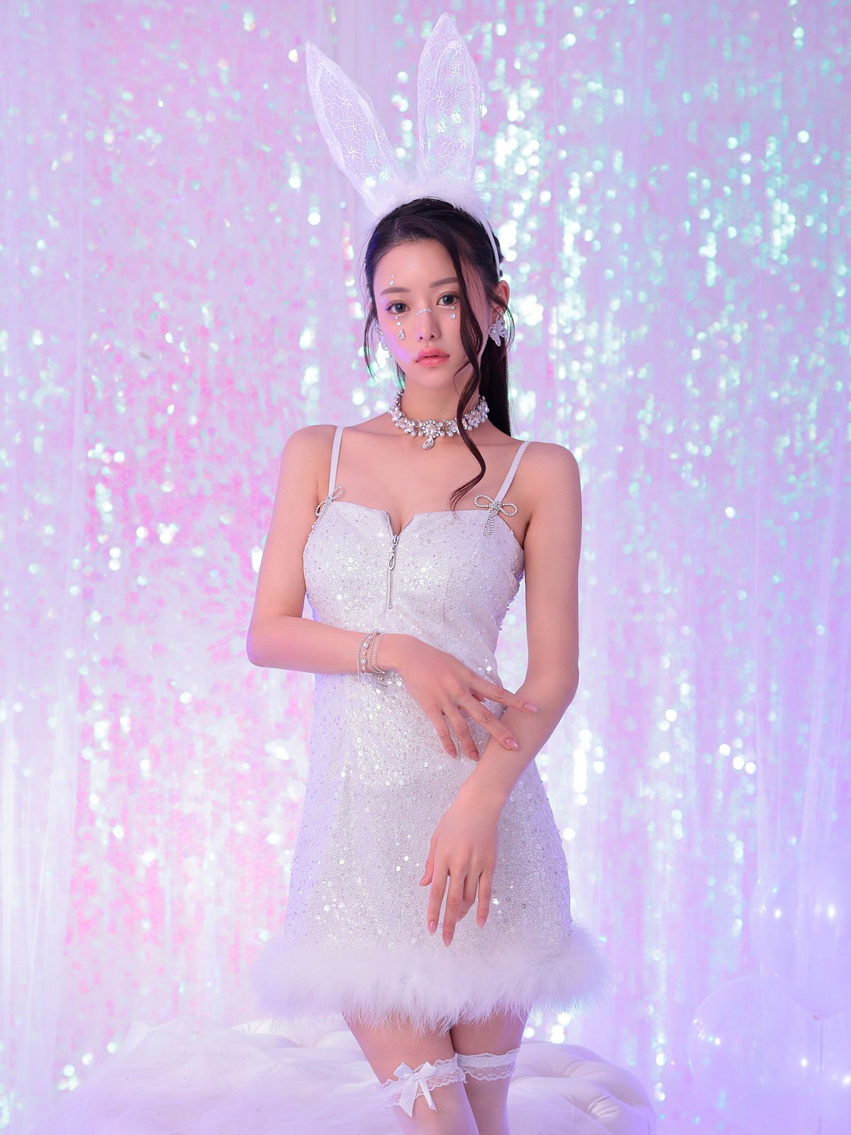 【期間限定SALE】【2点セット】FROZEN jewelry bunny フローズン ジュエリー バニー タイトワンピース ホワイト vcsbn-240732-ac