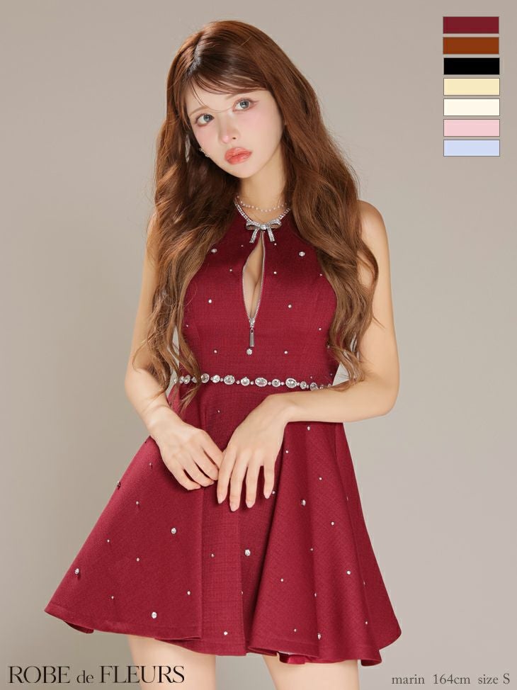 ROBE de FLEURS ローブドフルール リボンビジューバストカットフレアミニキャバドレス fm3618
