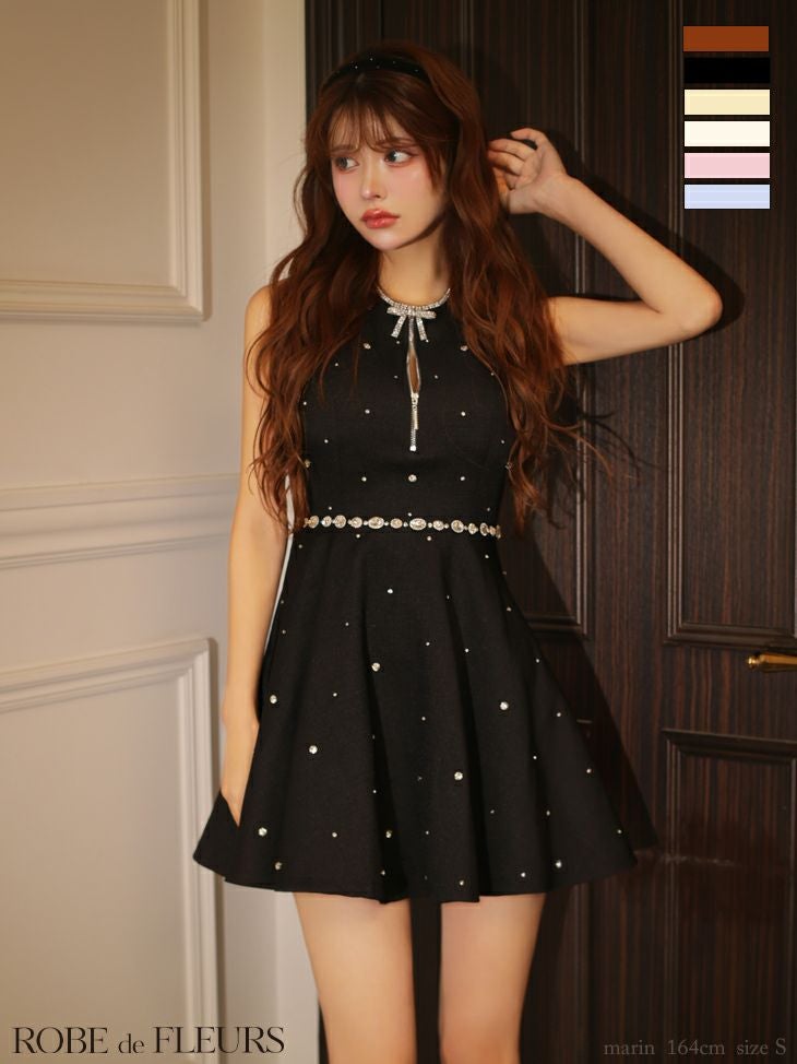 ROBE de FLEURS ローブドフルール リボンビジューバストカットフレアミニキャバドレス fm3618