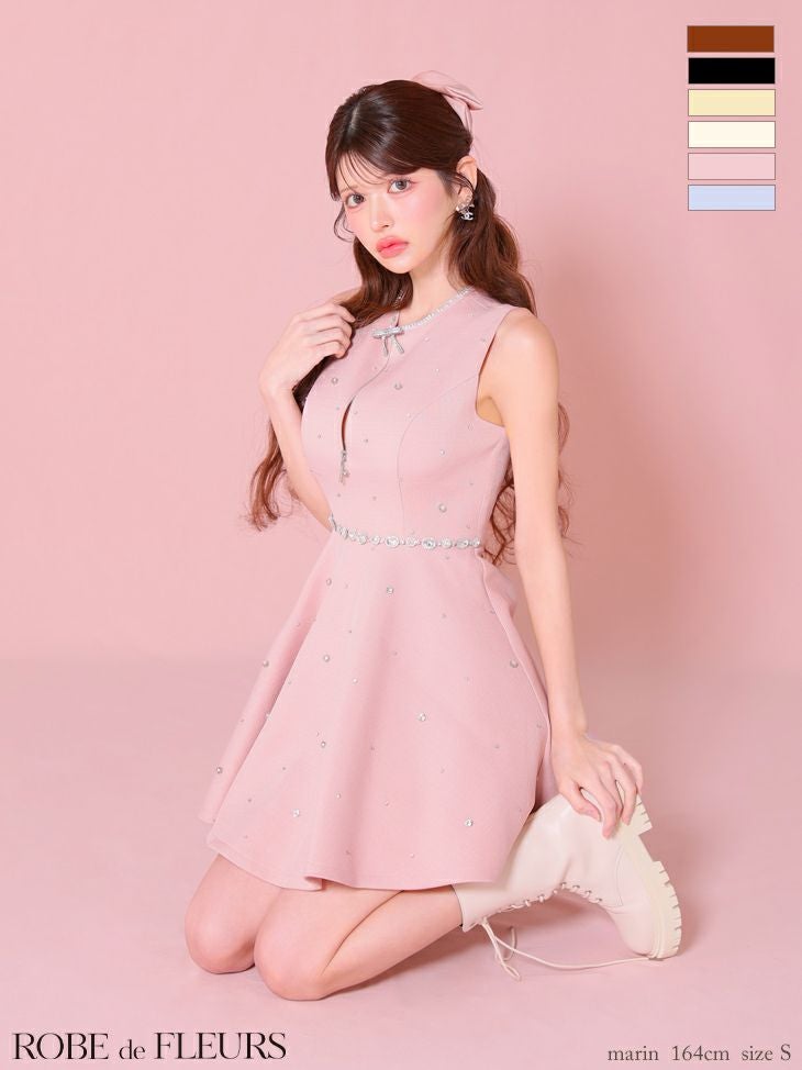 ROBE de FLEURS ローブドフルール リボンビジューバストカットフレアミニキャバドレス fm3618