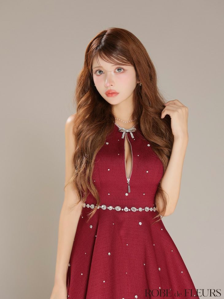 ROBE de FLEURS ローブドフルール リボンビジューバストカットフレアミニキャバドレス fm3618