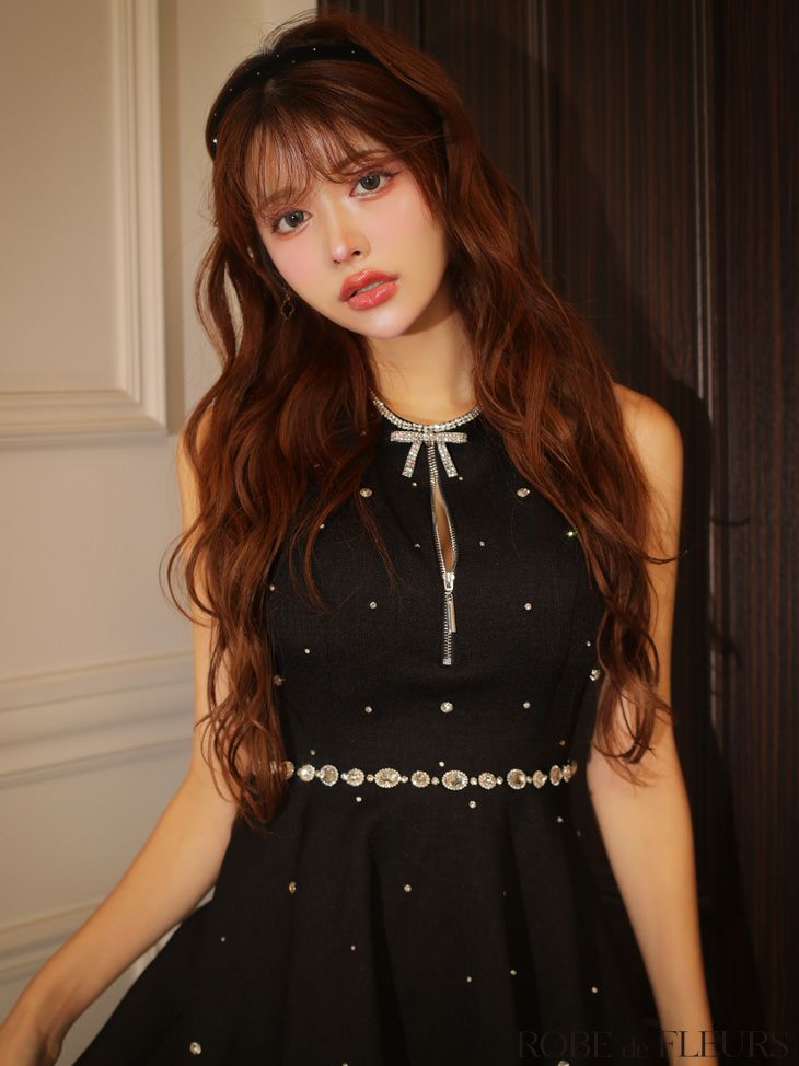 ROBE de FLEURS ローブドフルール リボンビジューバストカットフレアミニキャバドレス fm3618