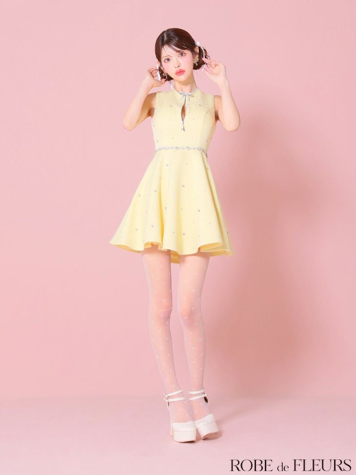 ROBE de FLEURS ローブドフルール リボンビジューバストカットフレアミニキャバドレス fm3618