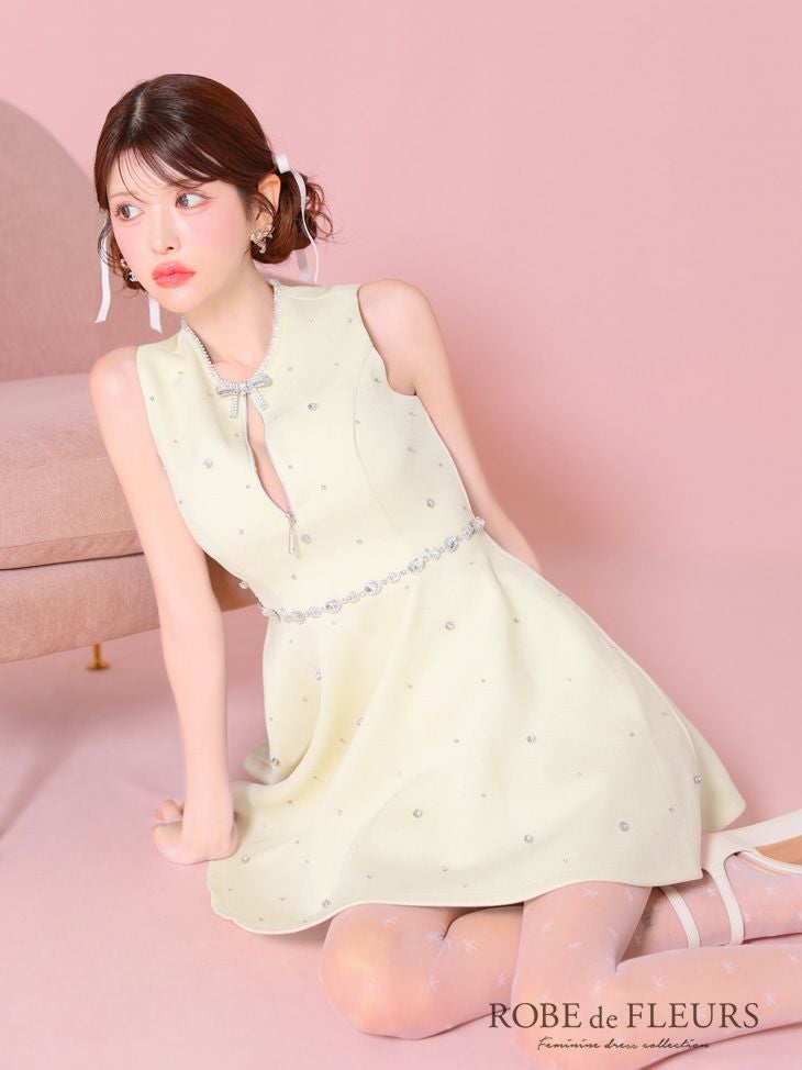 ROBE de FLEURS ローブドフルール リボンビジューバストカットフレアミニキャバドレス fm3618