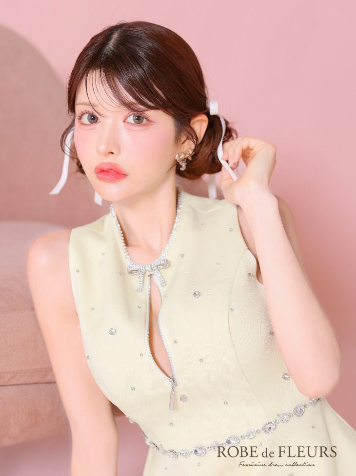 ROBE de FLEURS ローブドフルール リボンビジューバストカットフレアミニキャバドレス fm3618
