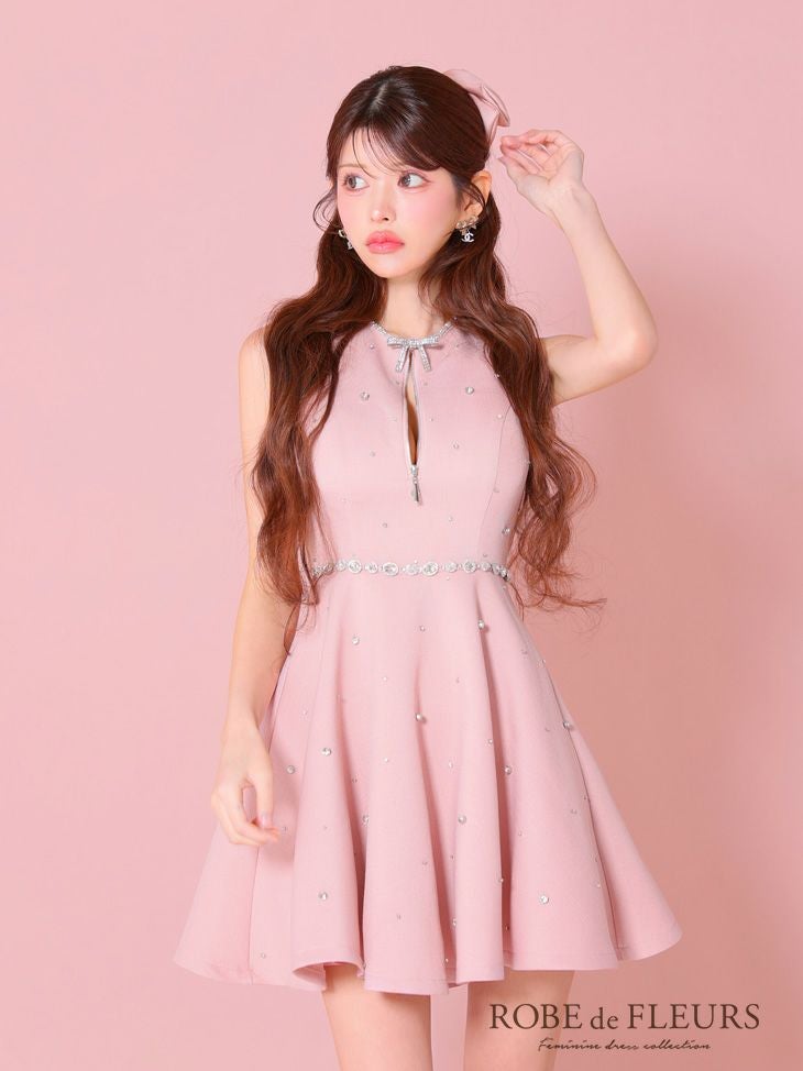 ROBE de FLEURS バストカットリボンビジューミニキャバドレス ROBE de FLEURS ローブドフルール リボンビジューバストカット