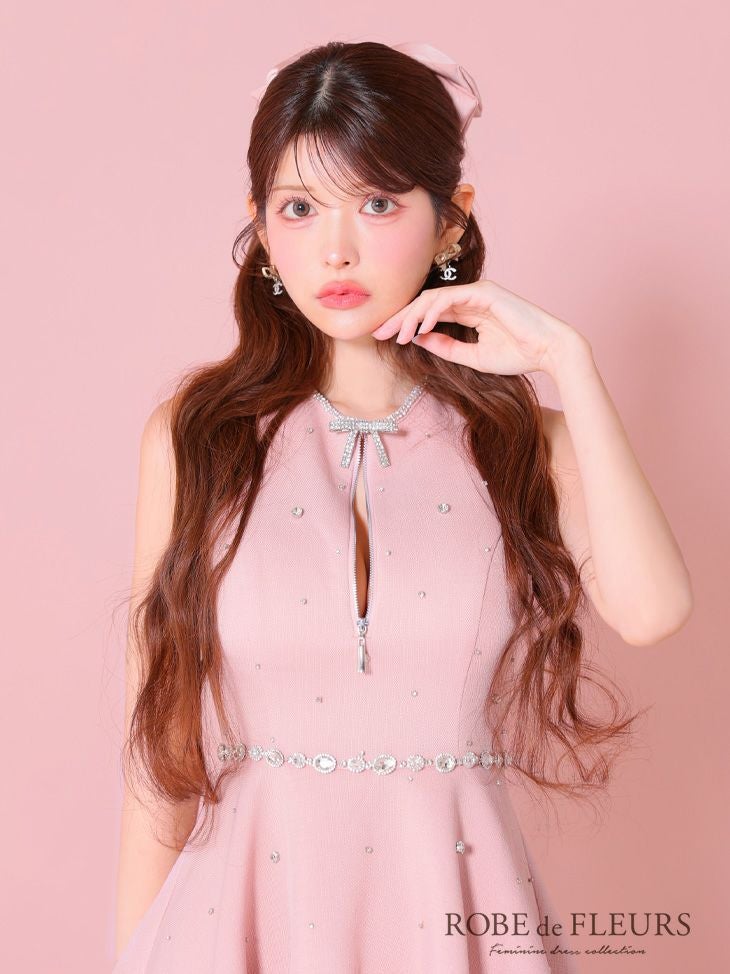 ROBE de FLEURS ローブドフルール リボンビジューバストカットフレアミニキャバドレス fm3618
