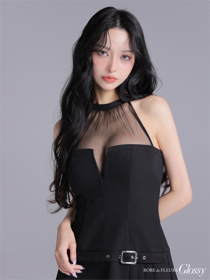 Glossy ローブドフルールグロッシー 【XSサイズあり】 ★一部予約商品★シアーホルターネックフレアミニキャバドレス gl4153-c