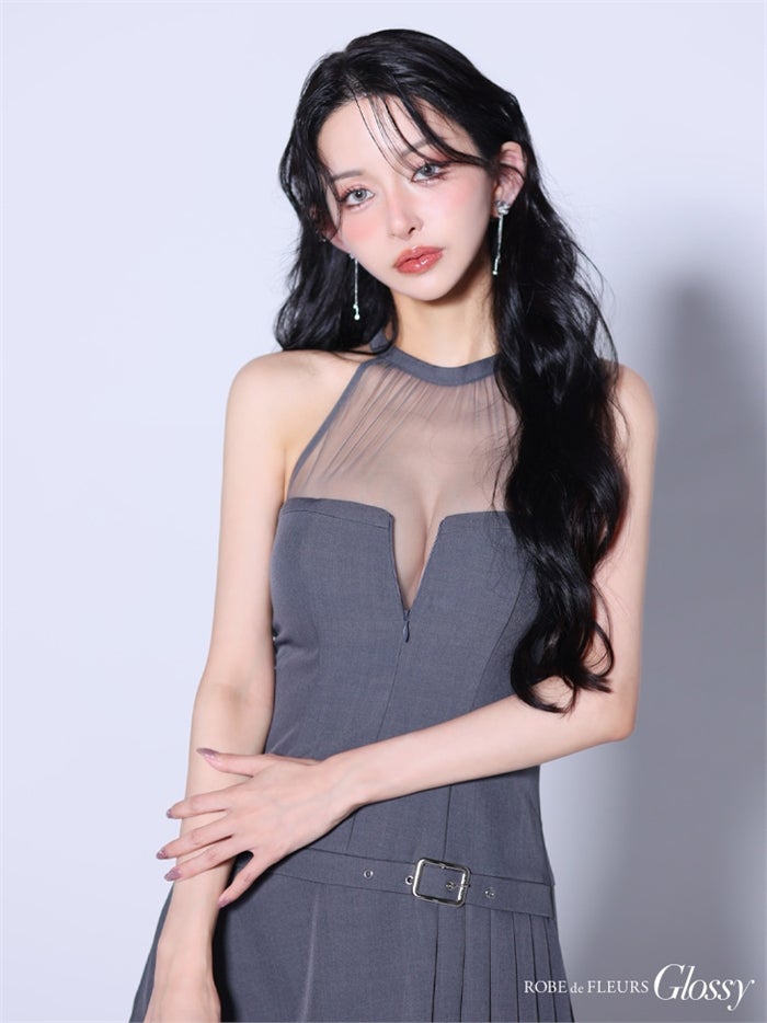 Glossy ローブドフルールグロッシー 【XSサイズあり】 ★一部予約商品★シアーホルターネックフレアミニキャバドレス gl4153-c