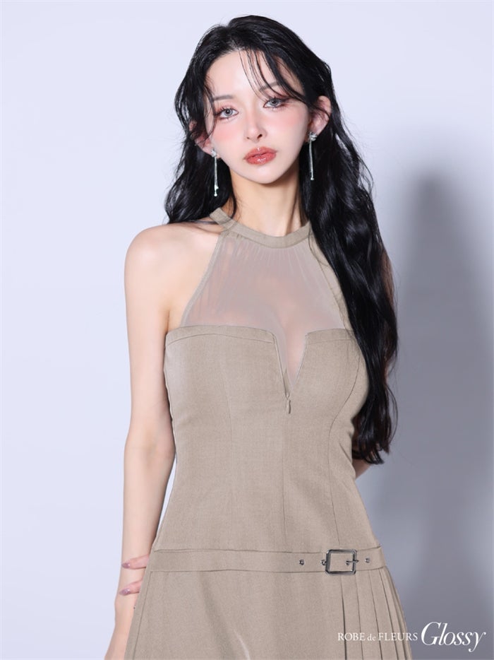Glossy ローブドフルールグロッシー 【XSサイズあり】 ★一部予約商品★シアーホルターネックフレアミニキャバドレス gl4153-c