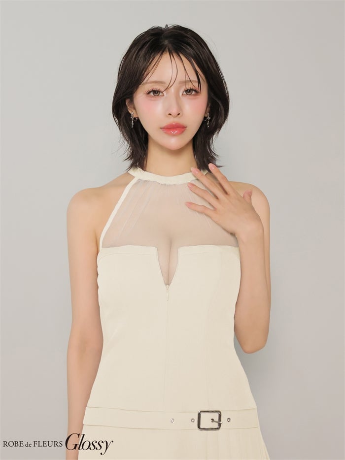 Glossy ローブドフルールグロッシー 【XSサイズあり】 ★一部予約商品★シアーホルターネックフレアミニキャバドレス gl4153-c