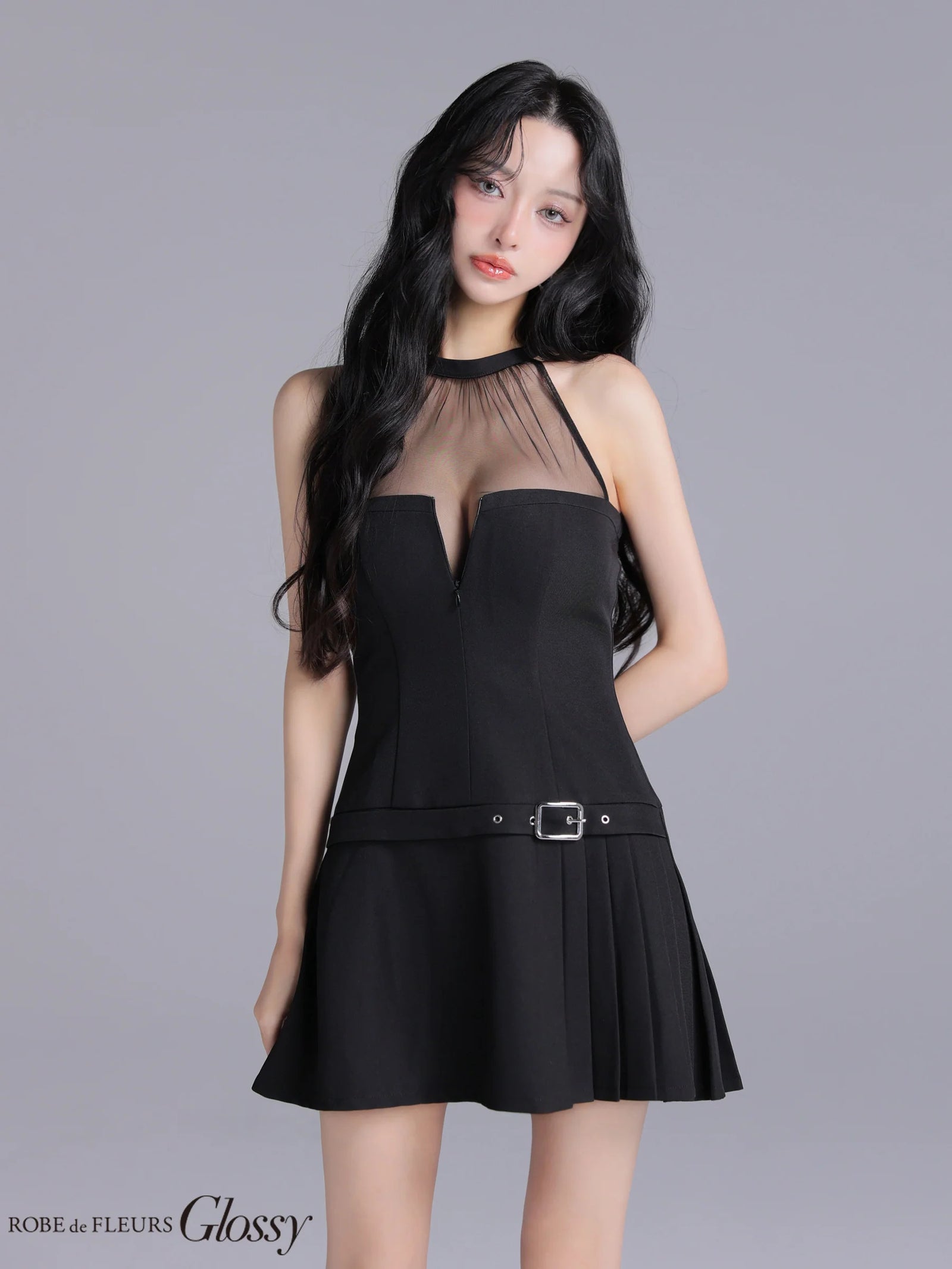 Glossy ローブドフルールグロッシー 【XSサイズあり】 ★一部予約商品★シアーホルターネックフレアミニキャバドレス gl4153-c