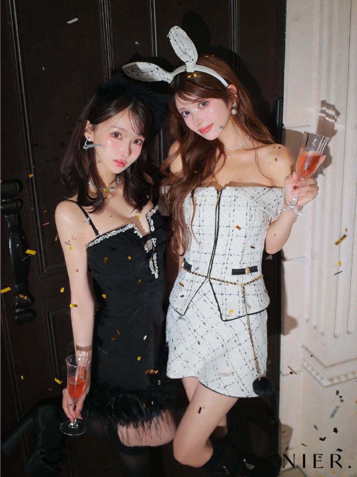 ROBE de FLEURS anier.ROBE ローブドフルール アニエルローブ  【XSサイズあり】 Tweed off-the-shoulder waist-cut bunny halloween dress ツイードオフショルウエストカットバニーミニドレス fm-anier4054-c