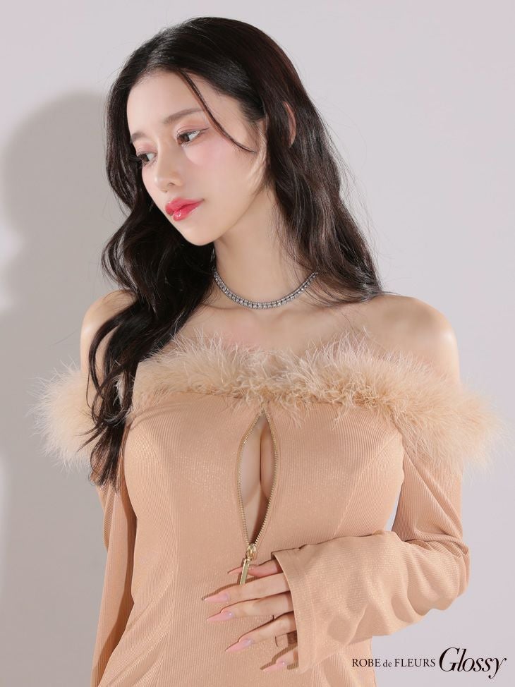 Glossy ローブドフルールグロッシー【XSサイズあり】2wayオフショルファーバストジップリブニットミニキャバドレス gl3612