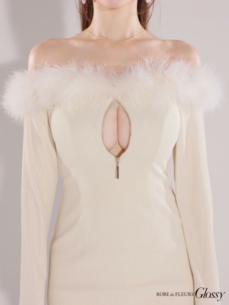 Glossy ローブドフルールグロッシー【XSサイズあり】2wayオフショルファーバストジップリブニットミニキャバドレス gl3612