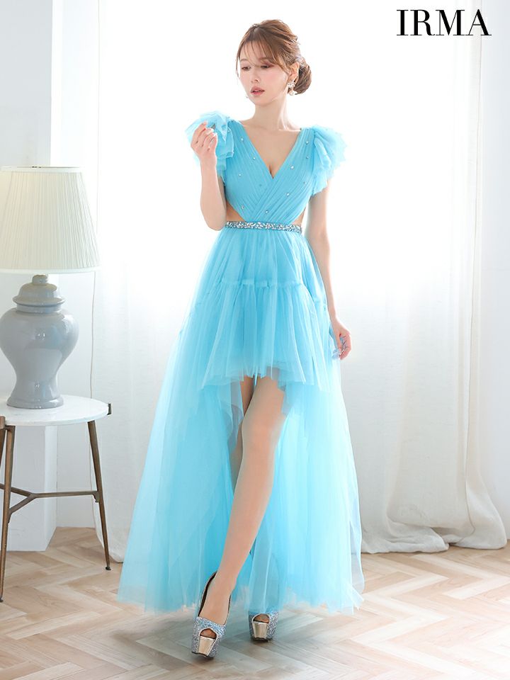 IRMA イルマ チュールスリーブ/ビジュー/ウエスト切替/ロングテール/前ミニ ロングドレス ir51925-c