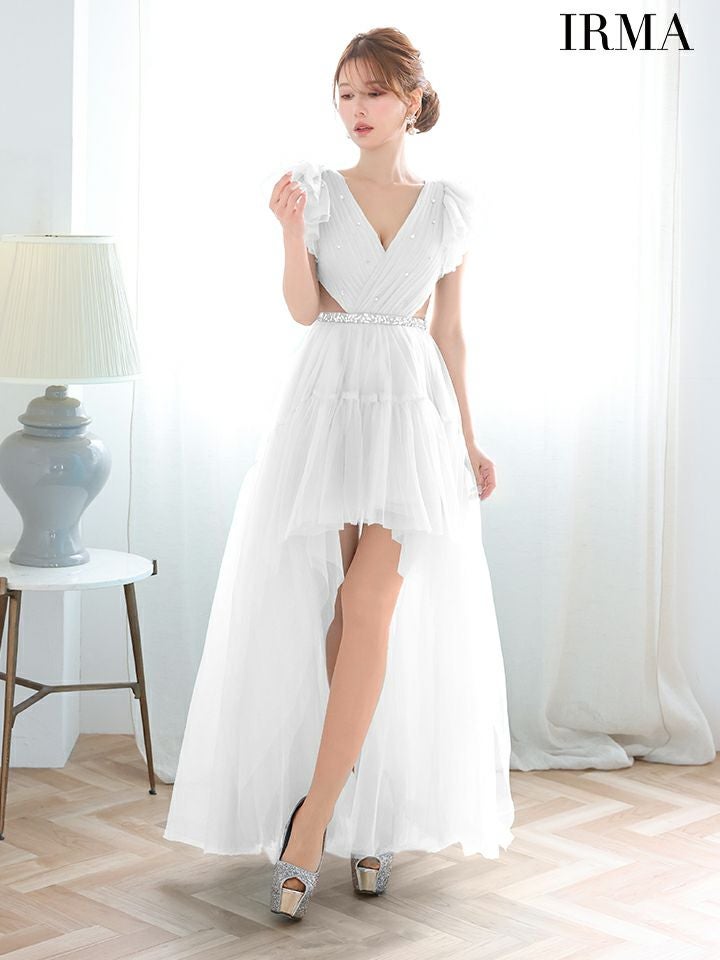 IRMA イルマ チュールスリーブ/ビジュー/ウエスト切替/ロングテール/前