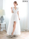IRMA イルマ チュールスリーブ/ビジュー/ウエスト切替/ロングテール/前ミニ ロングドレス ir51925-c