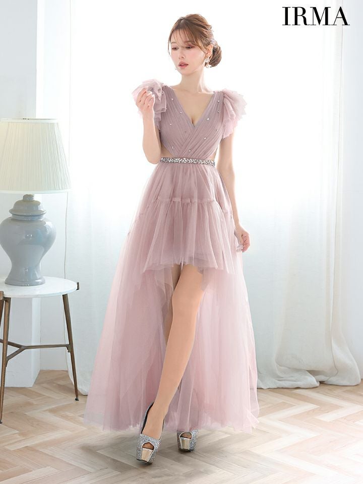 IRMA イルマ チュールスリーブ/ビジュー/ウエスト切替/ロングテール/前