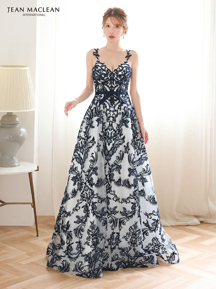 JEAN MACLEAN ジャンマクレーン 花柄刺繍総レース/バイカラー/リボンベルト付き/姫/ロングドレス ja51931-c