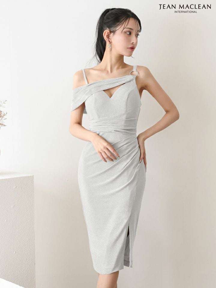 JEAN MACLEAN ジャンマクレーン サイドオフショル/ワンカラー/ラメニット/スリット入り/タイト ミディアムドレス ja51918-c