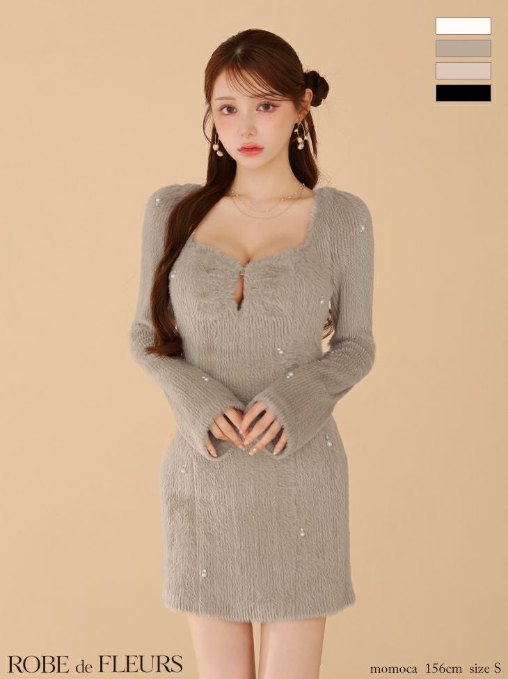 ROBE de FLEURS ローブドフルール フェザーニットパール付きタイトミニキャバドレス fm3475