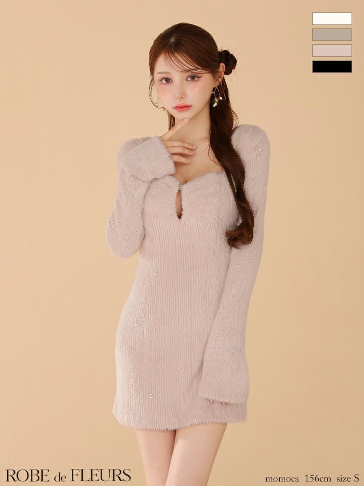 ROBE de FLEURS ローブドフルール フェザーニットパール付きタイトミニキャバドレス fm3475